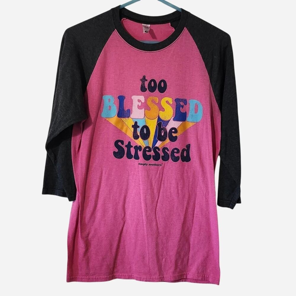 Simply Southern pink and black "Too Blessed To Be Stressed" baseball tee Size S